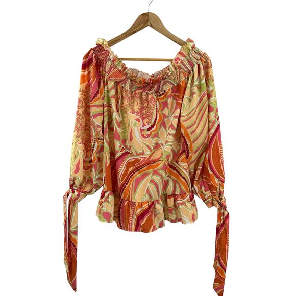 Jorge Pérez Off-the-Shoulder Tie-Sleeve Blouse‎ Multicolor Summer Spring - Picture 1 of 9